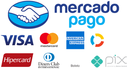 Aceitamos Mercado Pago, Visa, Mastercard, American Express, Elo, Hipercard, Diners, Boleto e Pix